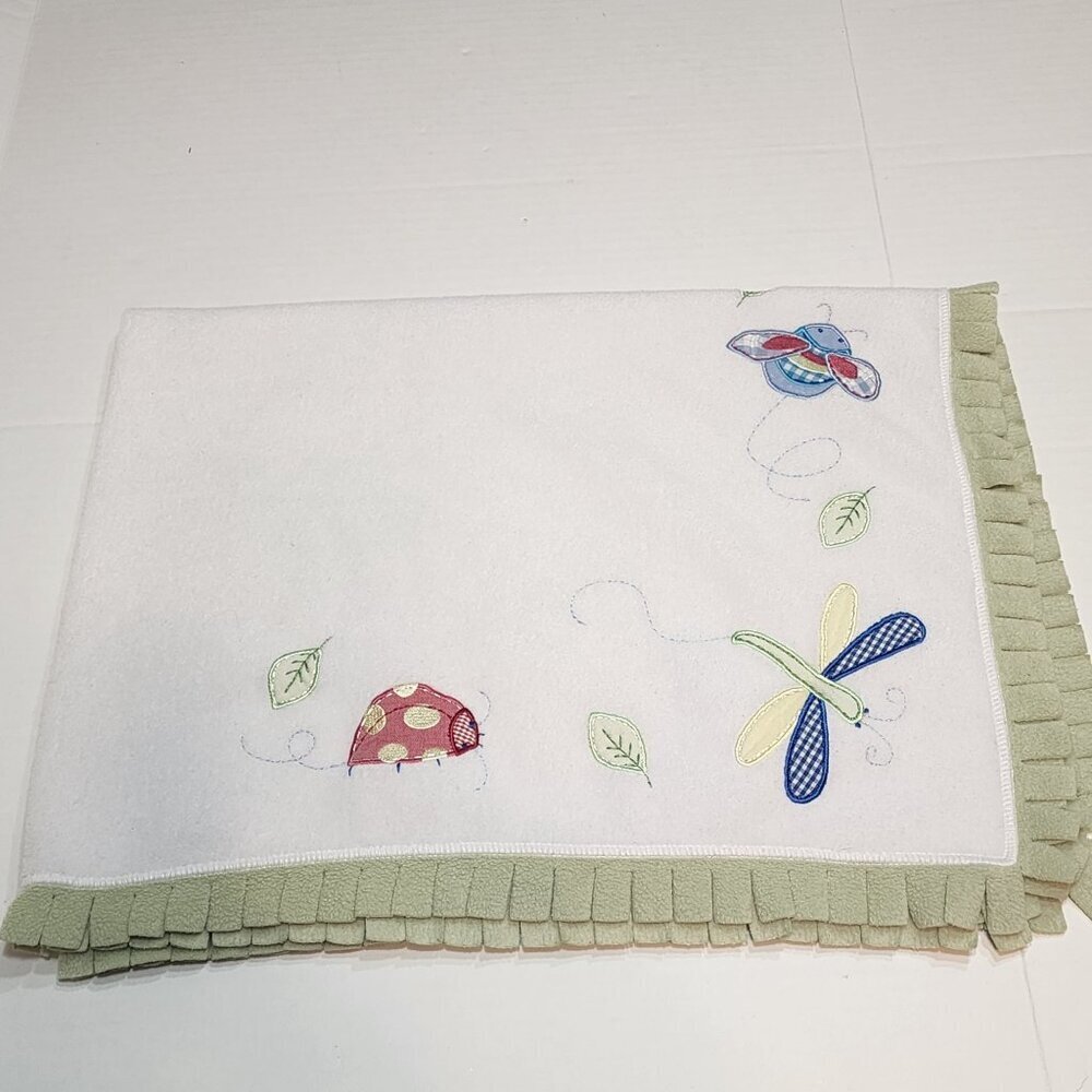 Pottery Barn baby blanket green fringe Dragonfly Ladybug Bumble Bee